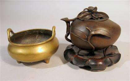 Appraisal: Chinese peach form bronze censer and bronze tripod censer both