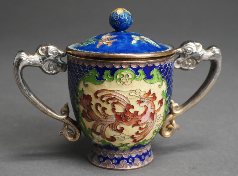 Appraisal: CHINESE ENAMEL DECORATED METAL TWO DRAGON HANDLE COVERED CUP H