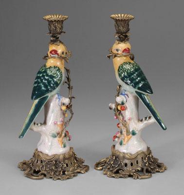 Appraisal: Pair Chinese export style candlesticks mirror images birds perched on