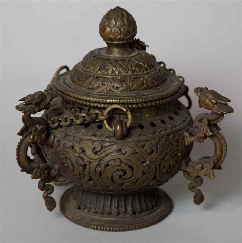 Appraisal: CHINESE BRONZE HANGING CENSER of globular form with pierced scrolling