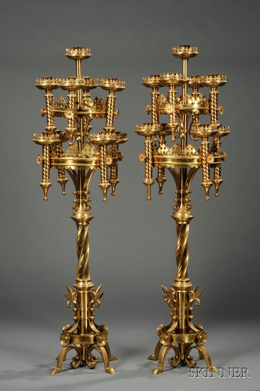 Appraisal: Pair of Gothic Revival Brass Nine-Light Floor Candelabra th century