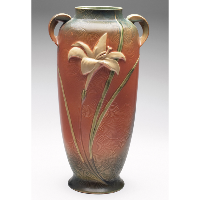 Appraisal: Roseville Zephyr Lily floor vase double handled form brown marked