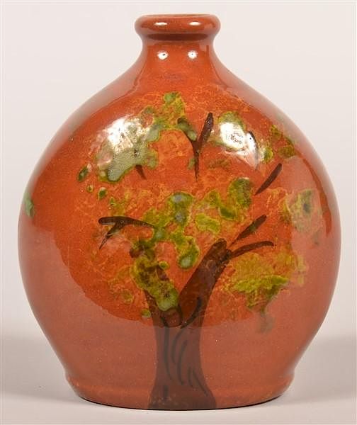 Appraisal: Breininger Redware Flask with Tree Decoration Breininger Redware Flask with