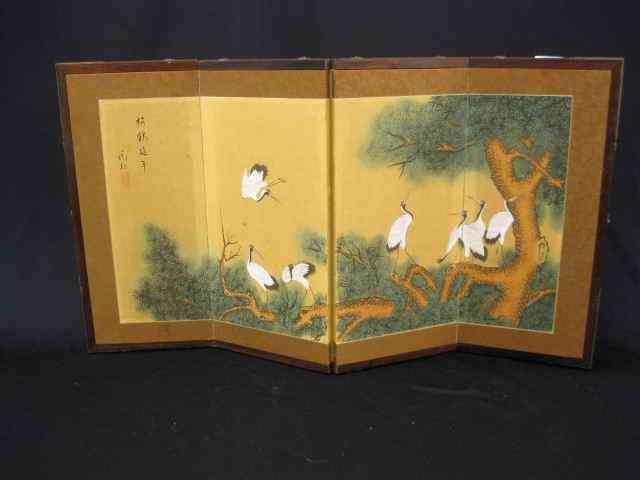 Appraisal: Japanese Handpainted Silk Tablescreen cranes foliage '' tall '' wide