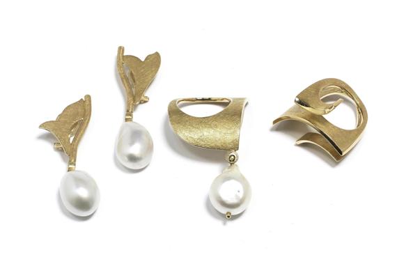 Appraisal: PEARL EAR CLIPS AND TWO RINGS Yellow gold g Modern