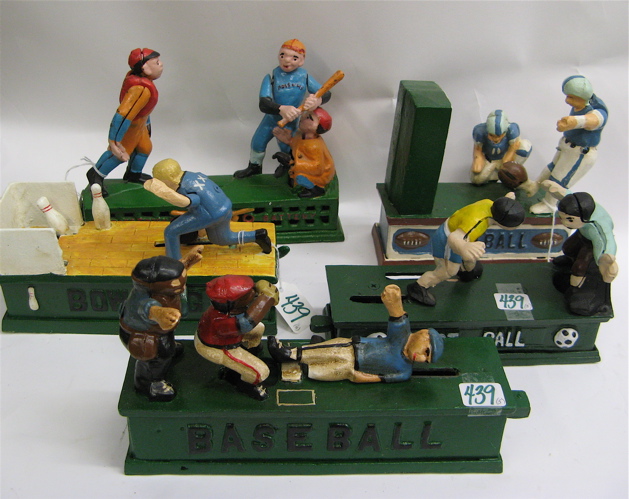 Appraisal: FIVE REPRODUCTION CAST IRON MECHANICAL BANKS sport themes including Football