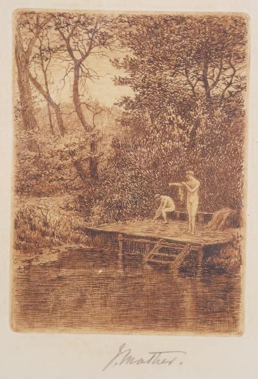 Appraisal: Nude bathers etching in sepia by John Mather Australian -