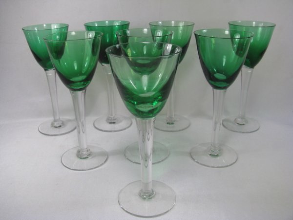 Appraisal: Eight tall green crystal clear stem wine goblets Measures high