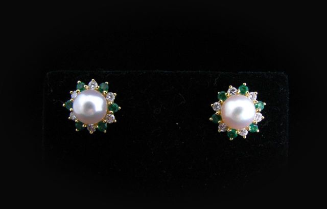 Appraisal: K yellow gold pearl diamond and emerald earrings with -