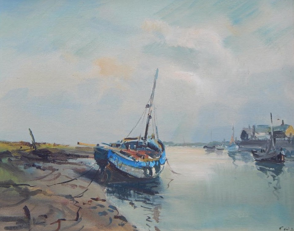 Appraisal: Jack Cox - Estuary scene with fishing boats oil on