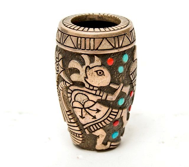 Appraisal: Native American Sterling Turquoise Coral Vase Native American sterling silver