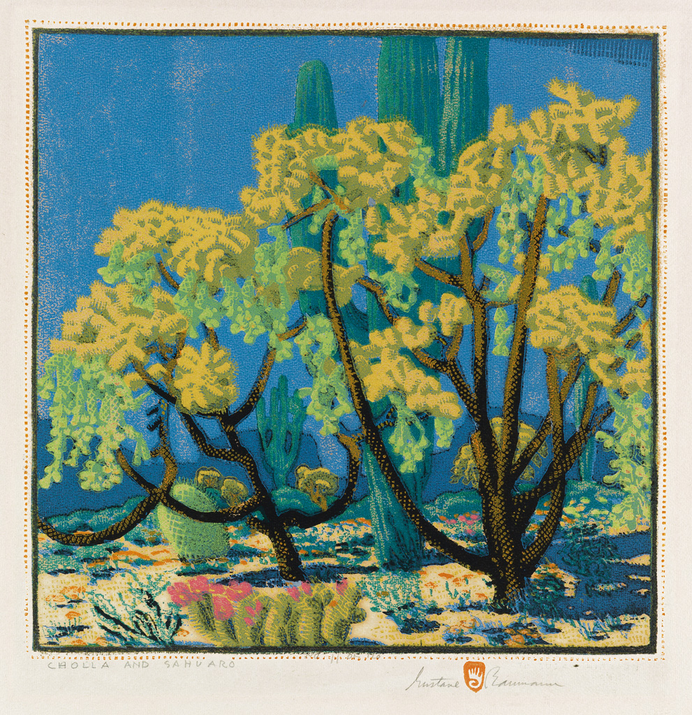 Appraisal: GUSTAVE BAUMANN Cholla and Sahuaro Color woodcut x mm x