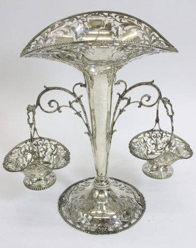 Appraisal: ENGLISH STERLING SILVER EPERGNE London comprising a tall flower vase