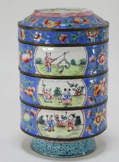 Appraisal: Chinese Famille Rose Enamel Painted Stacking Boxes CHINA EARLY TH