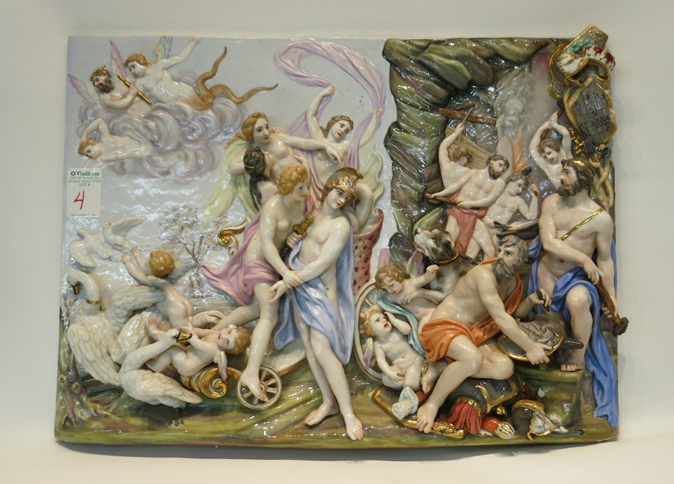 Appraisal: CONTINENTAL PORCELAIN HIGH-RELIEF WALL PLAQUE depicting allegorical figures in a