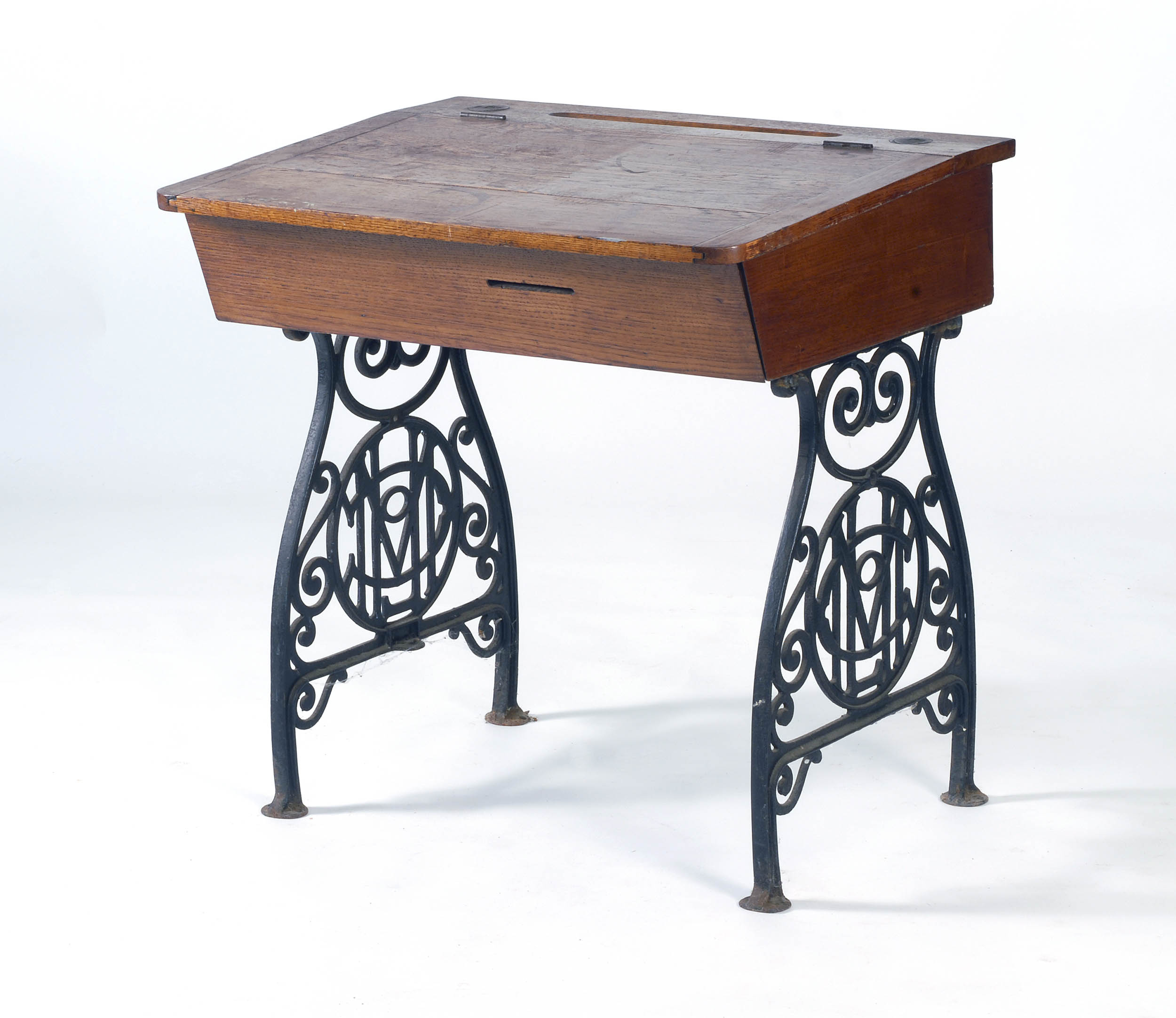 Appraisal: SCHOOL DESK with oak writing surface and wrought iron legs