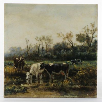 Appraisal: A Rozenburg den Haag pottery tile painted with cows grazing