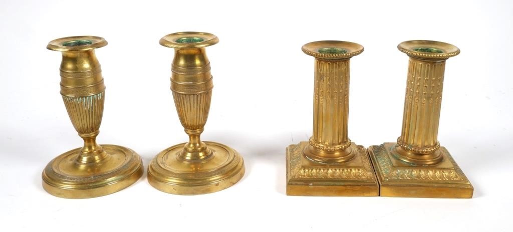 Appraisal: Two pair of antique brass Neoclassical design short candlesticks Square