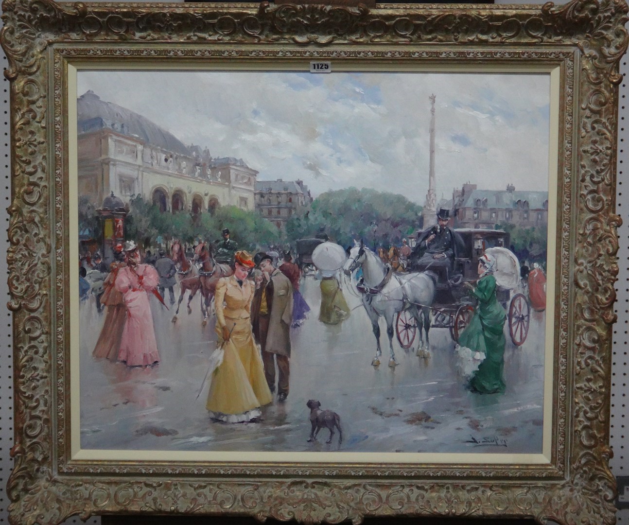 Appraisal: J Soler th century Elegant Parisians near the opera oil