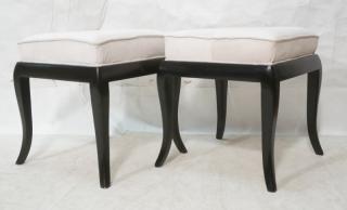 Appraisal: Pr Ebonized Decorator Square Benches Stools Off white ultra suede