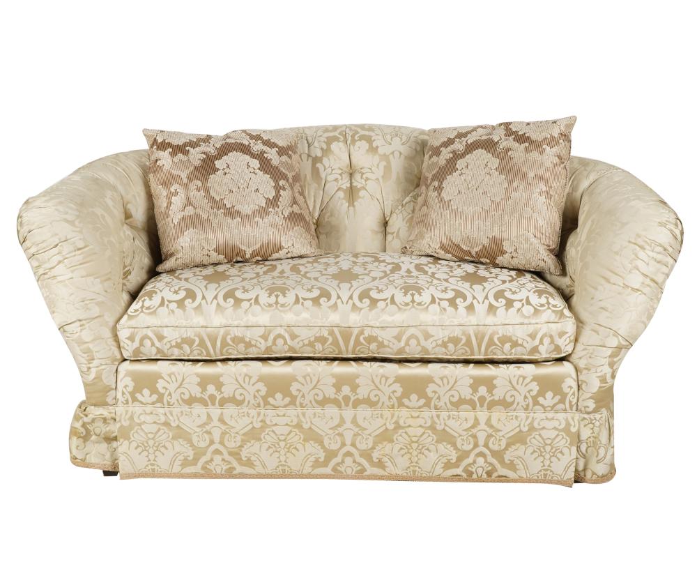 Appraisal: BAKER TUFTED LOVESEATmanufacturer's label coverd in damask fabric inches wide