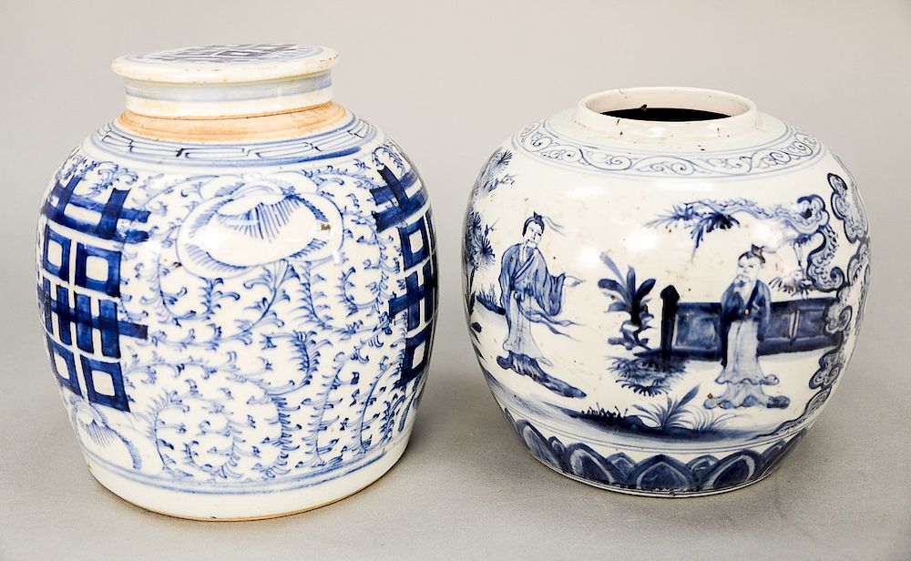 Appraisal: Two piece lot to include blue and white ovoid jar