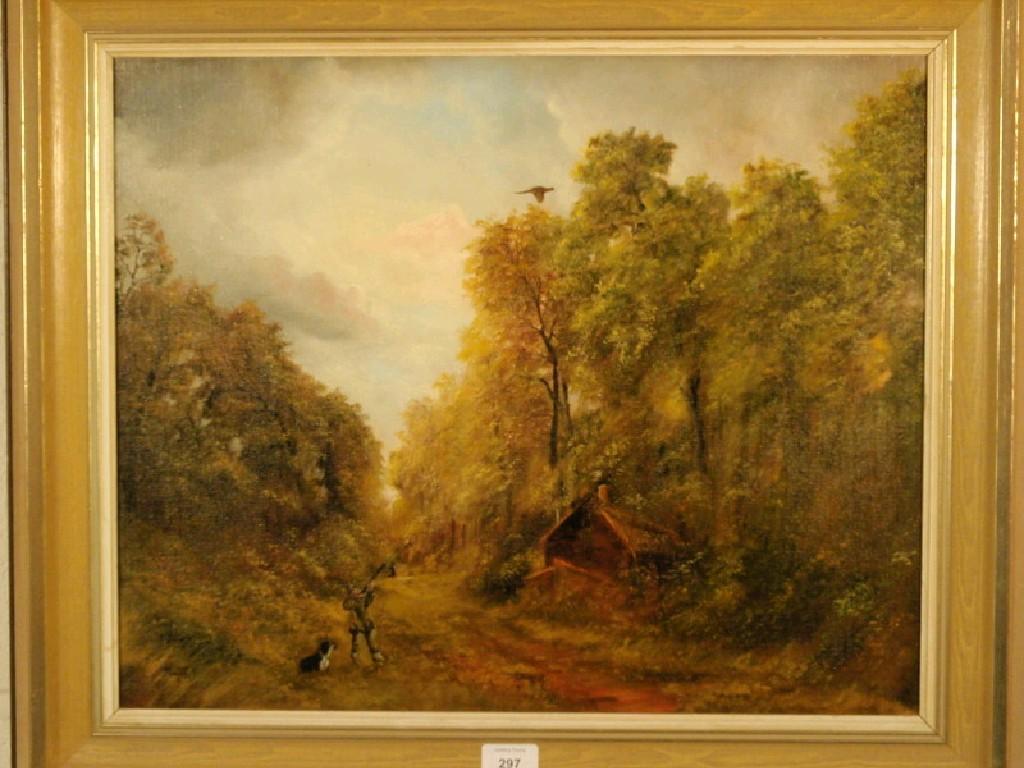 Appraisal: Arthur Baker A wooded landscape with shooters and game in