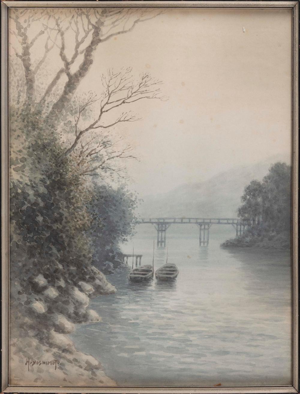 Appraisal: H YOSHIMOTO JAPAN EARLY TH CENTURY BRIDGE OVER A FOGGY