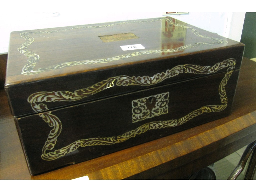 Appraisal: Rosewood and mother of pearl inlaid jewellery box