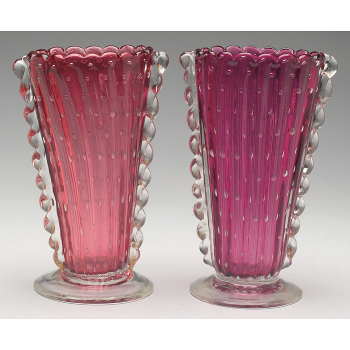 Appraisal: Murano vases pair cranberry ribbedwith bubbles and applied rigaree ''w