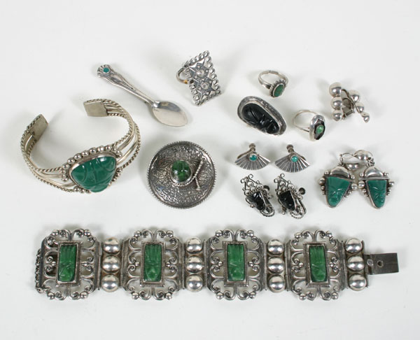 Appraisal: Mexican sterling silver pc assortment carved black and green onyx