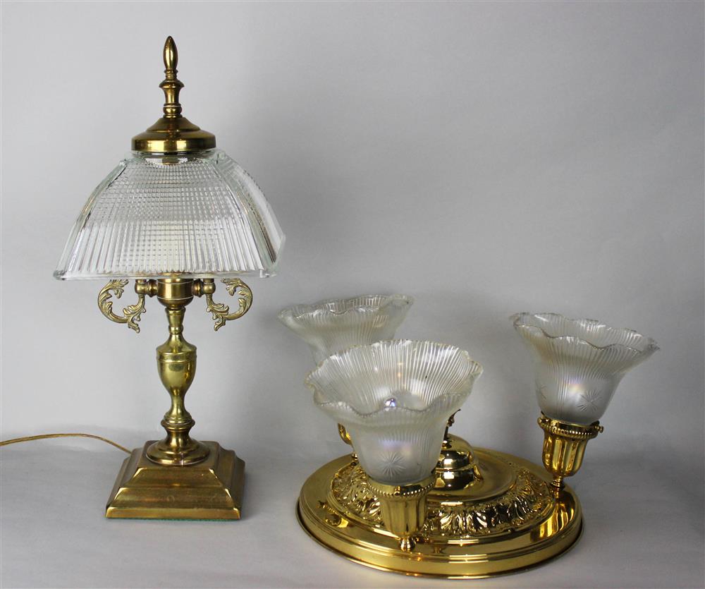 Appraisal: ANTIQUE BRASS CEILING LAMP WITH THREE HOLOPHANE RIBBED GLASS SHADES