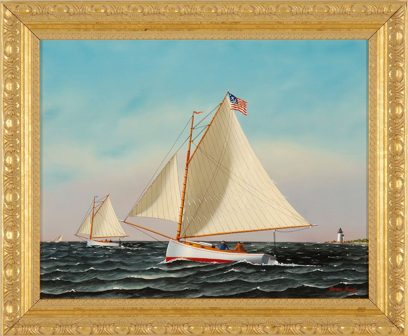 Appraisal: JEROME HOWESAmerican -Catboats racing offshore Signed lower right Jerome Howes