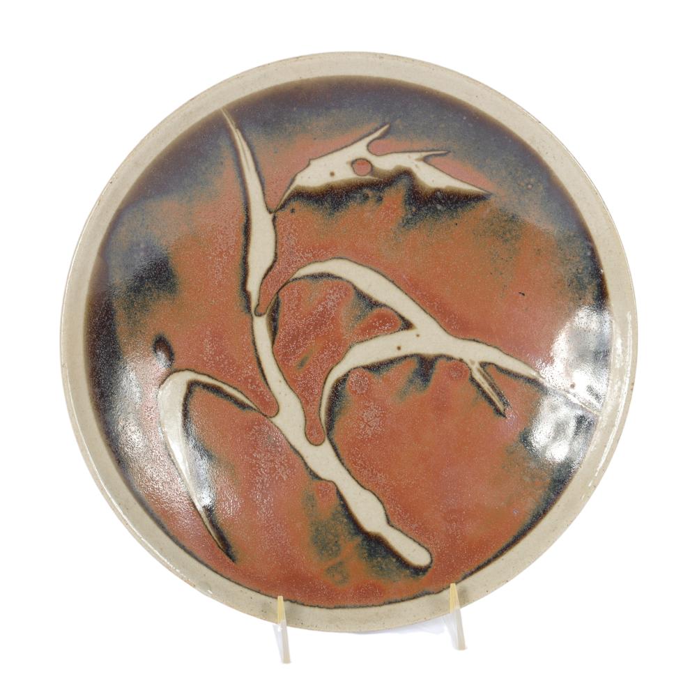 Appraisal: JAPANESE STONEWARE CHARGER PLATE BOWL WAX RESIST DECORATION PERSIMMON GLAZE