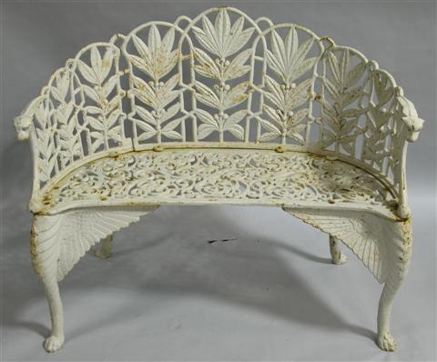 Appraisal: WHITE PAINTED WROUGHT IRON GARDEN BENCH th century the scalloped