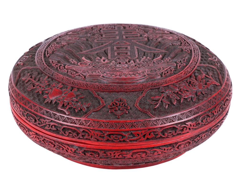 Appraisal: CHINESE CARVED BOXsix-character mark to underside cinnabar or faux cinnabar