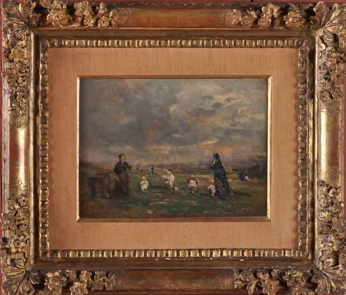 Appraisal: EUROPEAN SCHOOL LANDSCAPE WITH FIGURES Oil on canvas x in