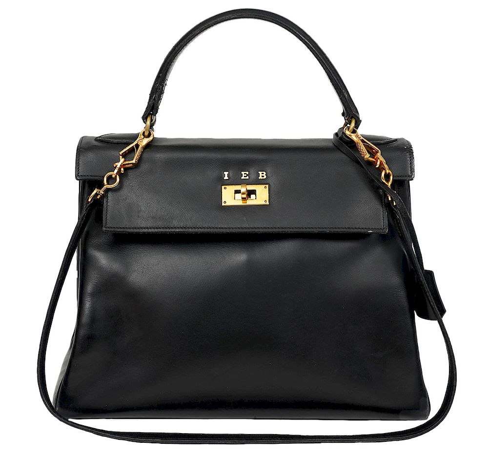 Appraisal: Hermes Monogramed Black Kelly Bag Hermes Kelly Box Calf Leather