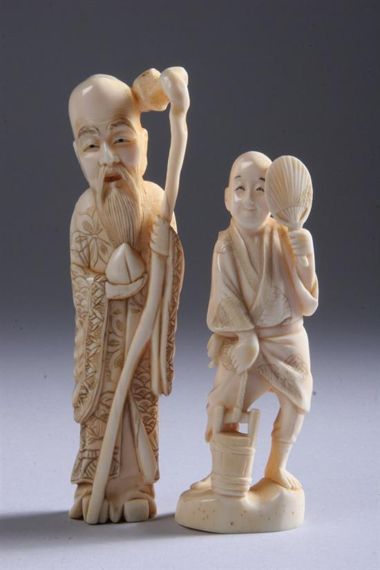 Appraisal: TWO JAPANESE IVORY OKIMONO One carved to depict immortal the