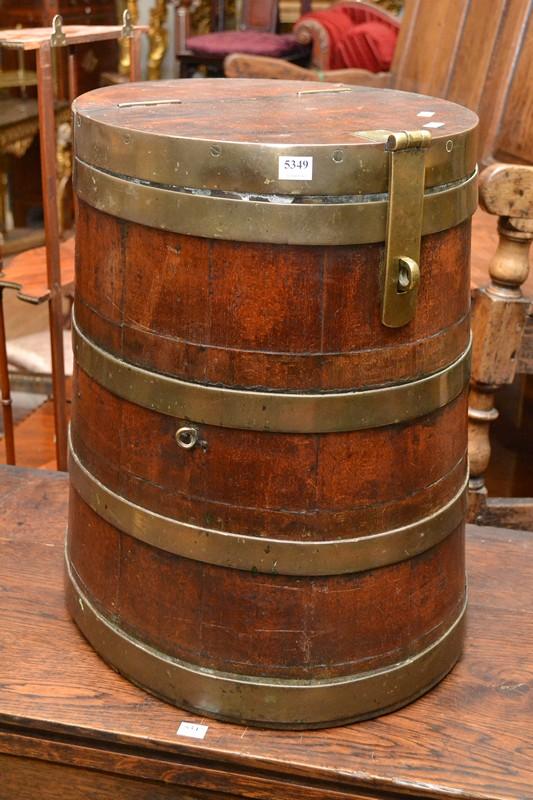 Appraisal: AN ANTIQUE STORAGE BARREL WITH BRASS RINGS AN ANTIQUE STORAGE