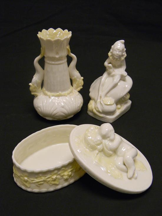 Appraisal: Three pieces of green mark Belleek porcelain including a figure