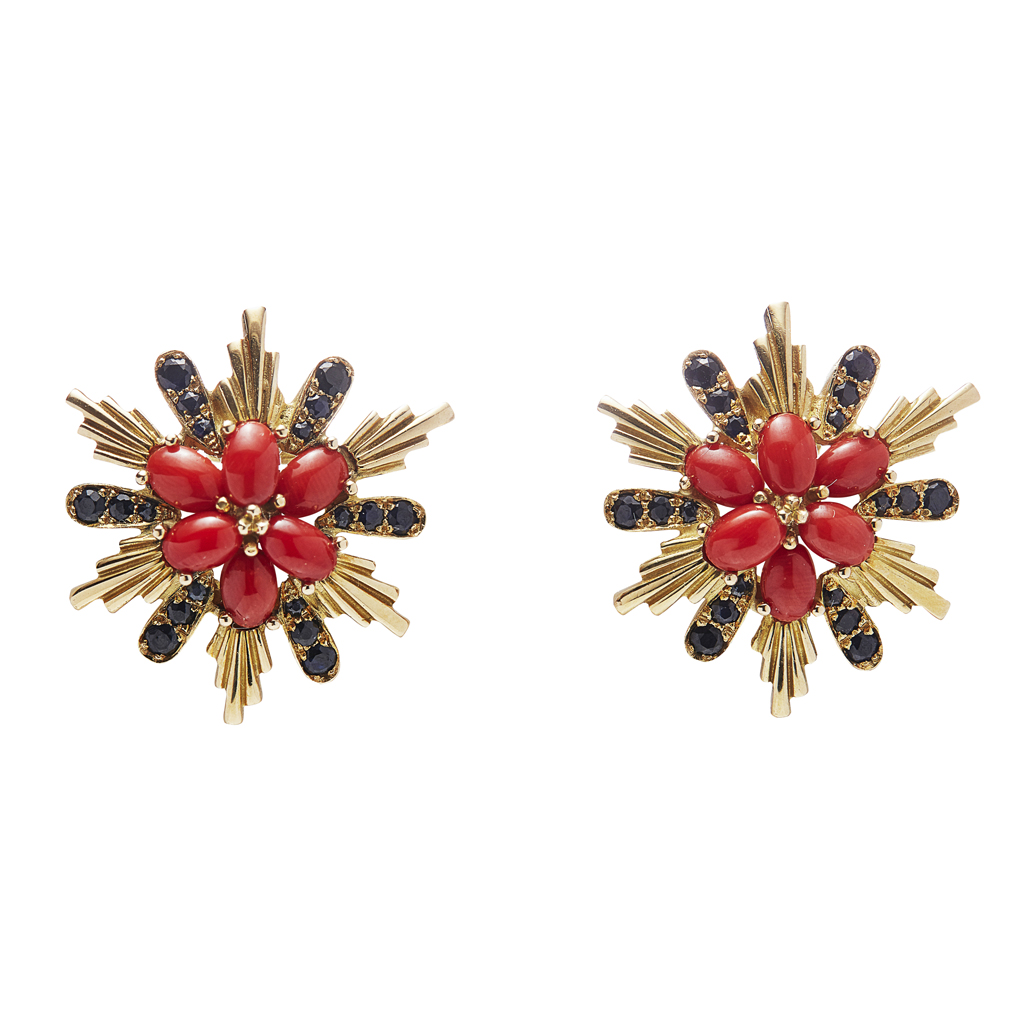 Appraisal: YA pair of multi-gem set cluster earrings each of radiating