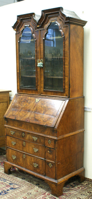 Appraisal: Walnut Queen Anne secretary desk double dome top with scalloped