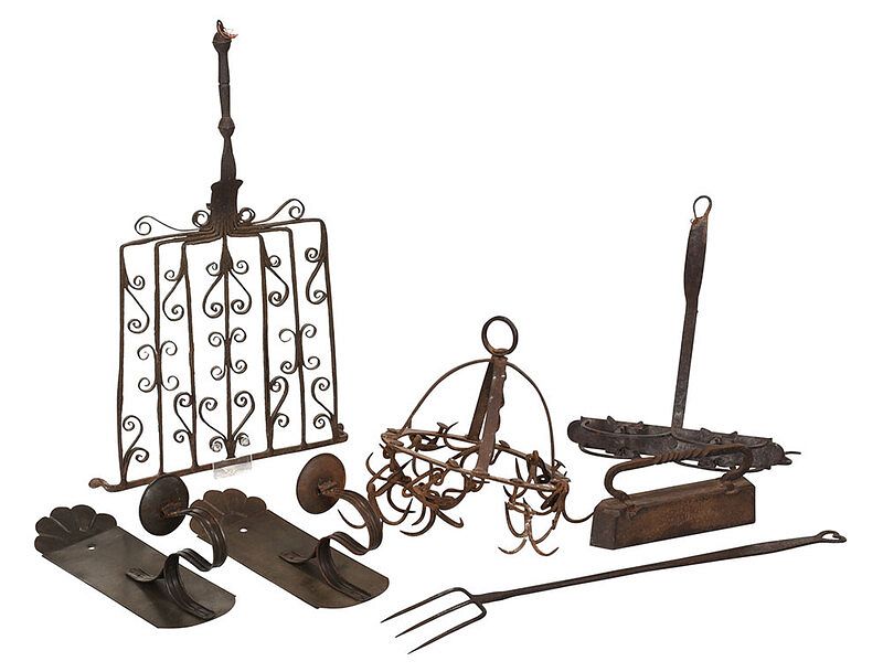 Appraisal: Five Iron Hearth Tools and Pair Tin Sconces probably American