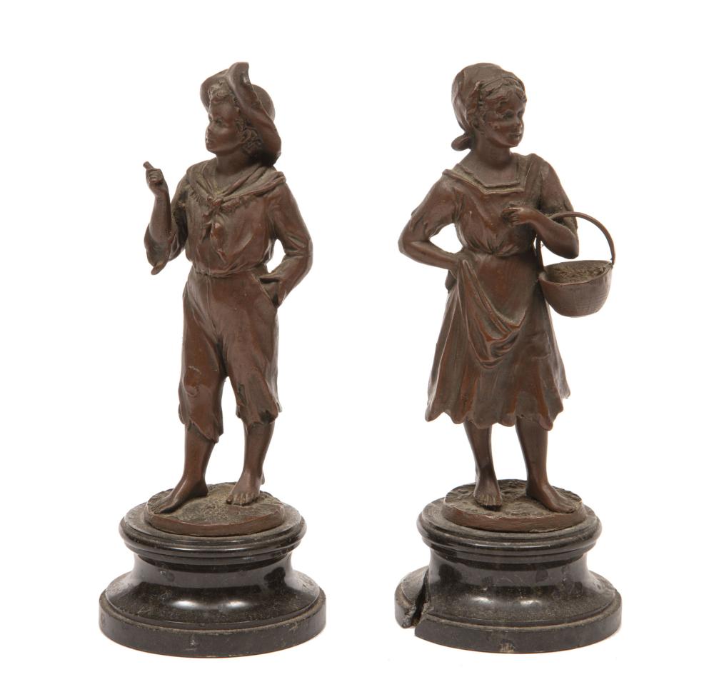 Appraisal: Pair of Patinated Bronze Figures of Boy and Girl h