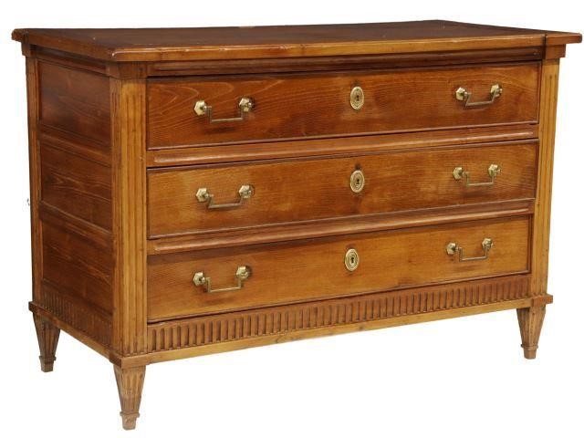 Appraisal: French Louis XVI style fruitwood three drawer commode th c