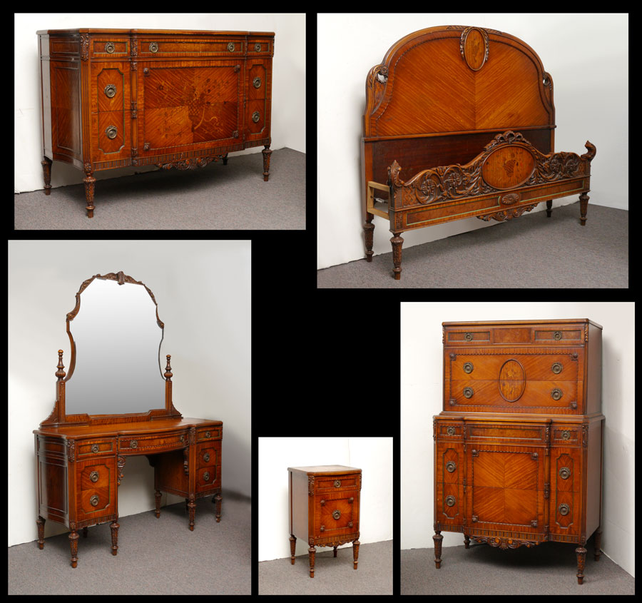 Appraisal: PIECE CARVED MARQUETRY INLAID BEDROOM SUITE To include BED headboard