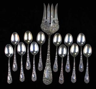 Appraisal: Durgin Chrysanthemum Sterling Silver Demitasse Spoons and meat serving fork