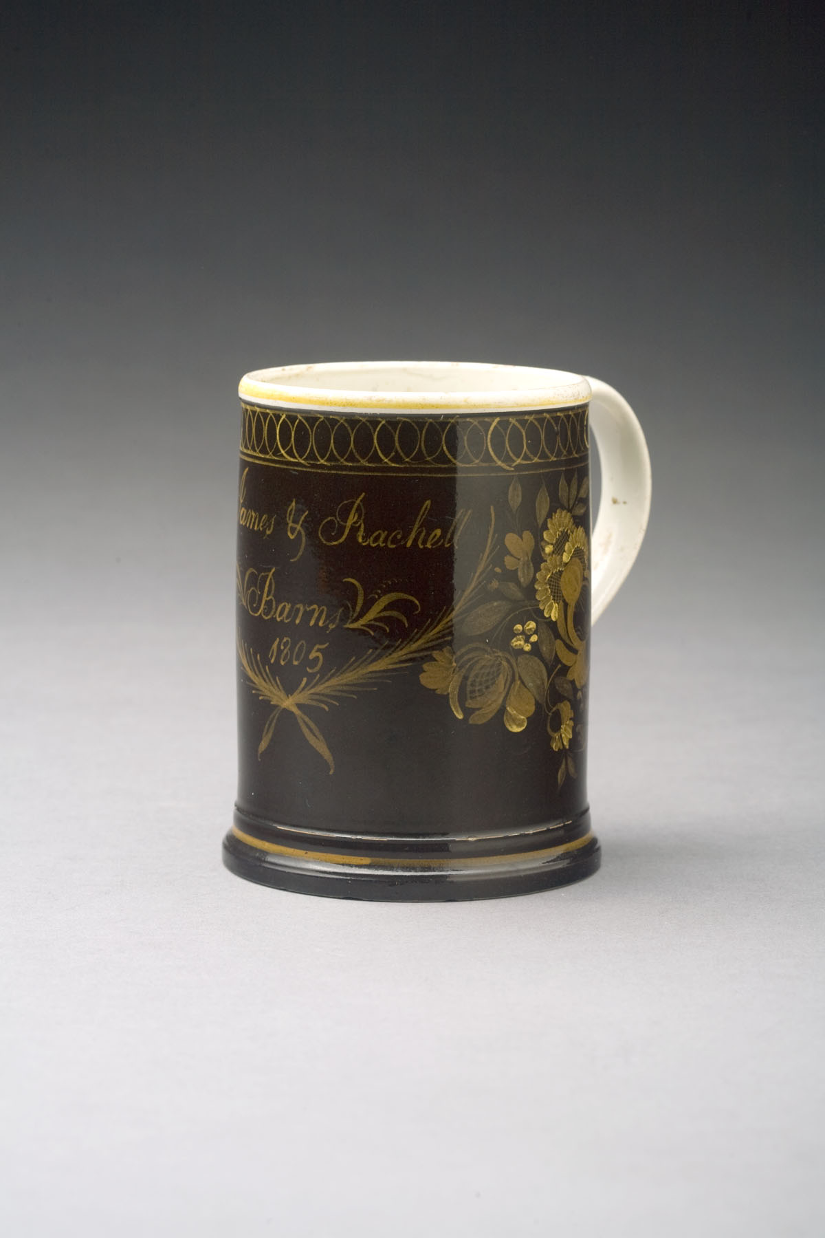 Appraisal: ENGLISH PEARLWARE PRESENTATION MUG DATED Inscribed quot James Rachell Barns