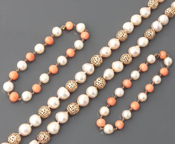 Appraisal: A collection of cultured pearl coral and gold jewelry comprising